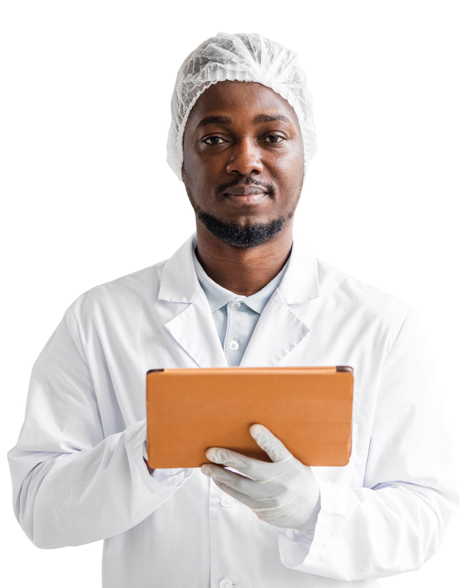 smiley male researcher biotechnology laboratory with tablet